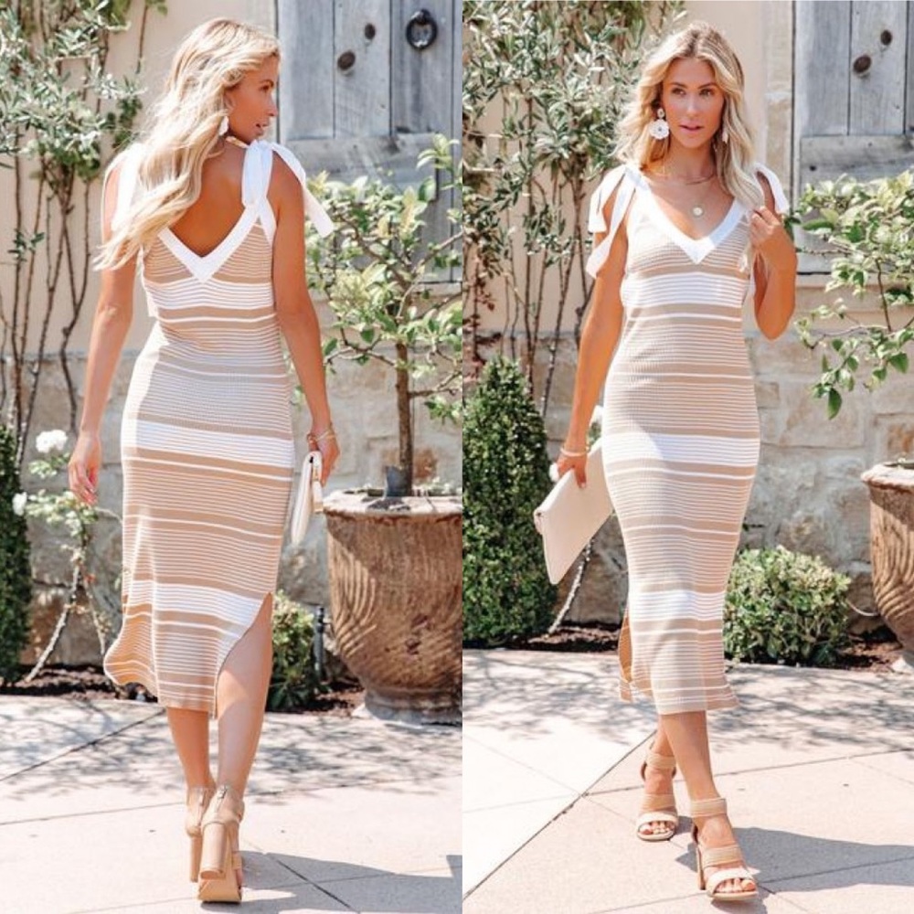 Vici Beige and White Striped Midi Dress